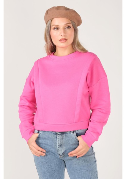 Giyim Dünyası Kadın Sıfır Yaka Crop Sweatshirt Pembe