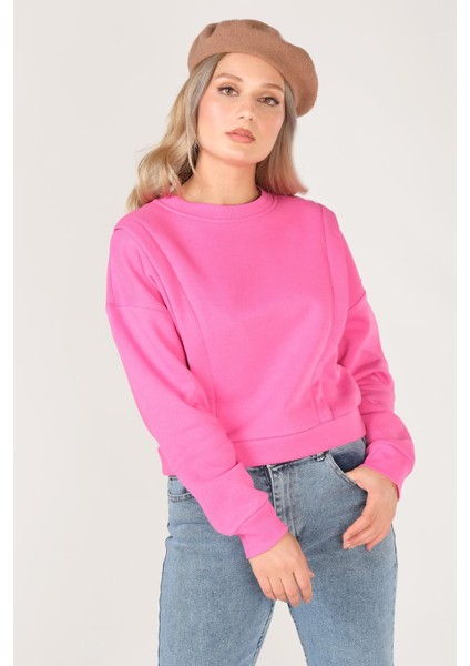 Giyim Dünyası Kadın Sıfır Yaka Crop Sweatshirt Pembe