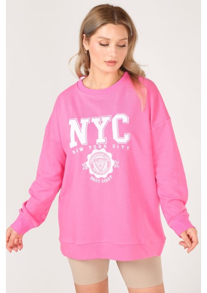 Giyim Dünyası Kadn Nyc Işleme Baskılı Sweatshirt Pembe