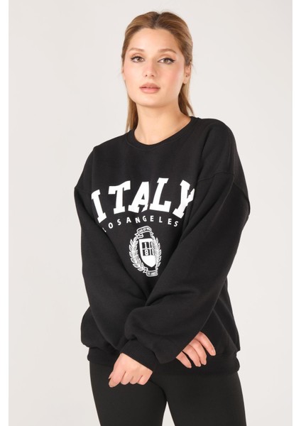 Giyim Dünyası Kadın Sıfır Yaka Italy Baskı Oversize Sweatshirt Siyah