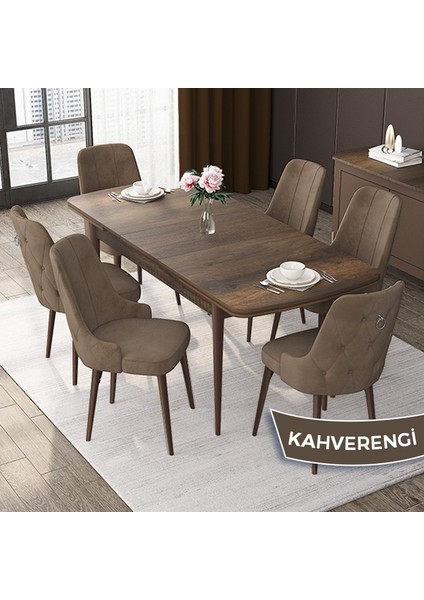 Concept Nex Serisi Barok Ahşap Desen 80 x 132 cm Mdf Mutfak Masası Takımı Metal Iskelet 6 Sandalye Gümüş Halka