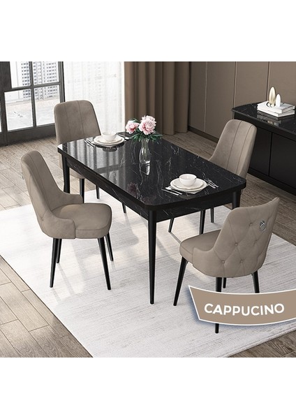 Concept Nex Serisi Siyah Mermer 80 x 132 cm Mdf Mutfak Masası Takımı Metal Iskelet 4 Sandalye Gümüş Halka