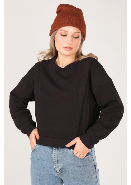 Kadın Sıfır Yaka Crop Sweatshirt Siyah