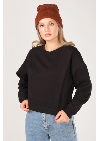 Kadın Sıfır Yaka Crop Sweatshirt Siyah