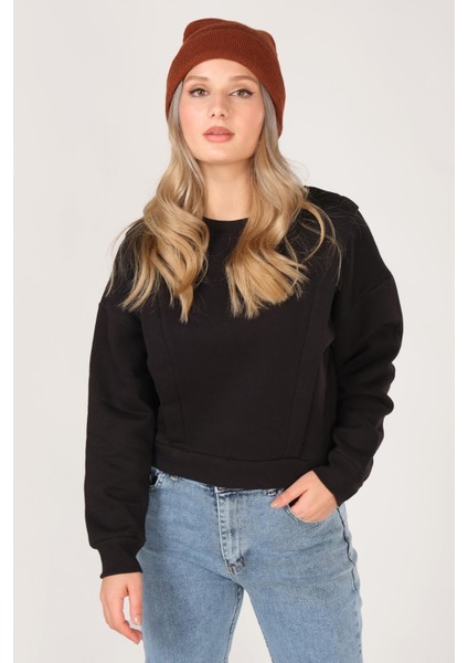 Kadın Sıfır Yaka Crop Sweatshirt Siyah