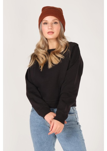 Kadın Sıfır Yaka Crop Sweatshirt Siyah