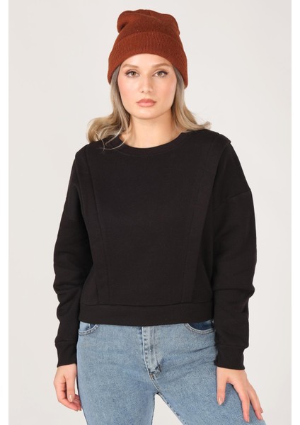 Kadın Sıfır Yaka Crop Sweatshirt Siyah