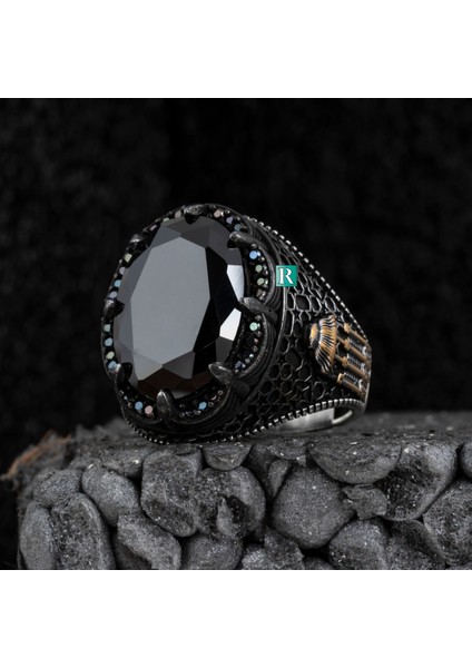 925 Ayar Gümüş Erkek Yüzük Zirkon Kaplan Gözü Taşı Kubbe Yıldız Dekoru