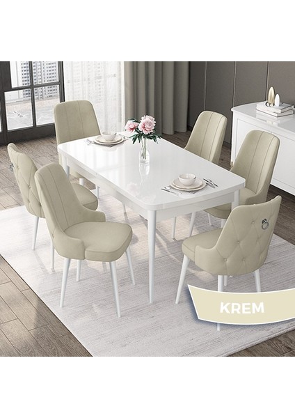 Concept Nex Serisi Beyaz 80 x 132 cm Mdf Mutfak Masasıtakımı Metal Iskelet6 Sandalye Gümüş Halka