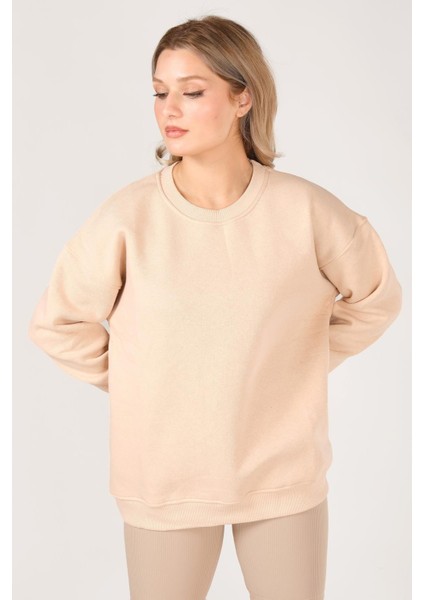 Kadın Sıfır Yaka Oversize Sweatshirt Bej indirimleri