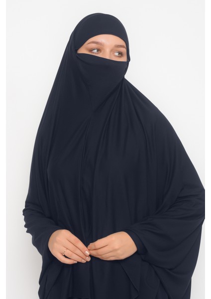 Kollu Sufle Çarşaf Üstü Peçeli Pratik Tesettür Hijab - Nikaplı Namaz Örtüsü - Lacivert