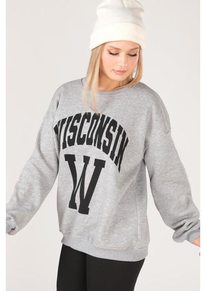 Giyim Dünyası Kadın Sıfır Yaka Winsconsin Baskı Overzie Baskı Sweatshirt Gri