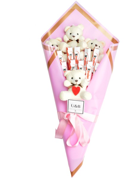 Pembe Sevgisi Çikolatalı Ayıcık Çiçek Buketi