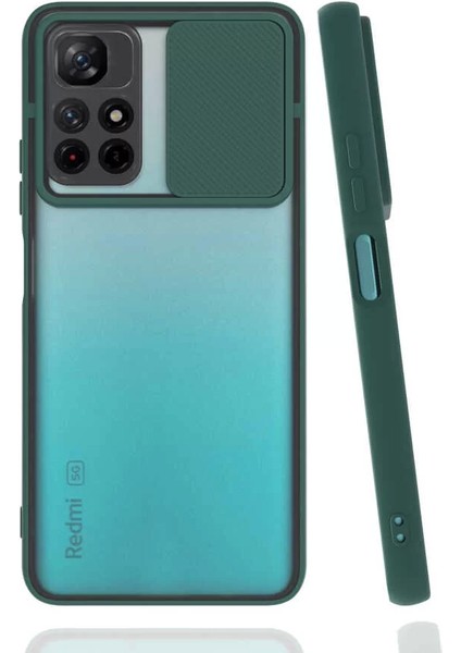 Xiaomi Redmi Note 11T 5g Kılıf Lopard Lensi Aç Kapa Kamera Sürgülü Kapak Koyu Yeşil