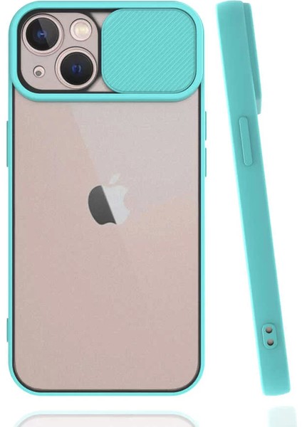 Apple iPhone 13 Mini Kılıf Lopard Lensi Aç Kapa Kamera Sürgülü Kapak Turkuaz