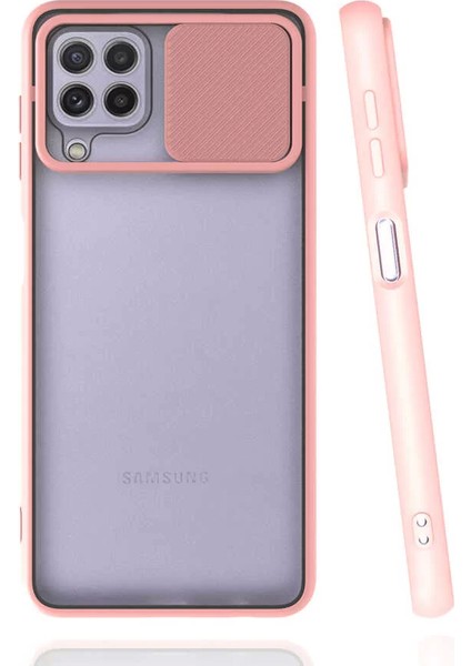 Samsung Galaxy M32 Kılıf Lopard Lensi Aç Kapa Kamera Sürgülü Kapak Pembe Açık