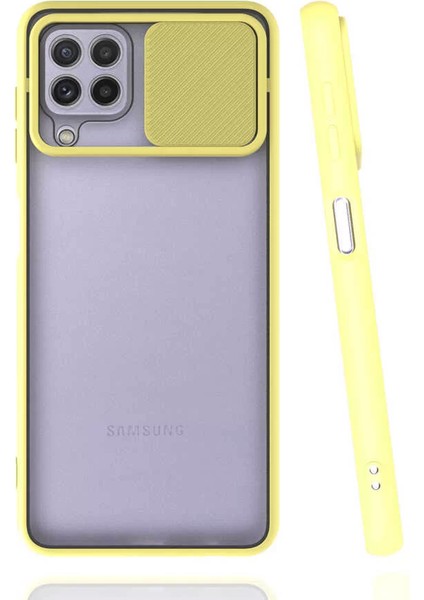 Samsung Galaxy A22 4g Kılıf Lopard Lensi Aç Kapa Kamera Sürgülü Kapak Sarı