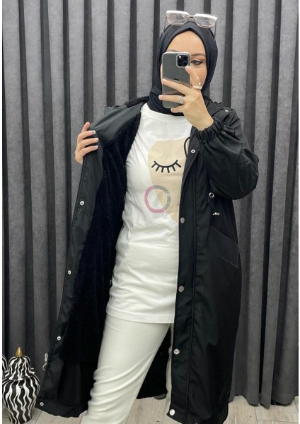 Kadın Bel Lastik Detaylı Gizli Fermuarlı Kapüşonlu Trençkot