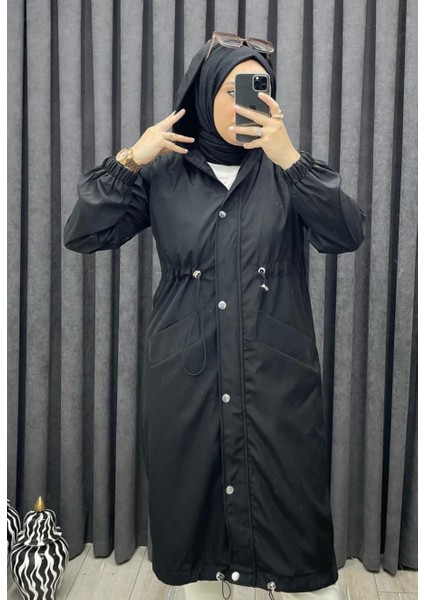 Kadın Bel Lastik Detaylı Gizli Fermuarlı Kapüşonlu Trençkot fiyatları