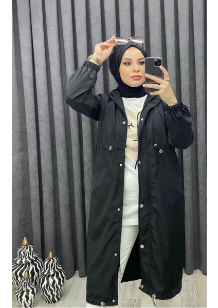 Kadın Bel Lastik Detaylı Gizli Fermuarlı Kapüşonlu Trençkot modelleri