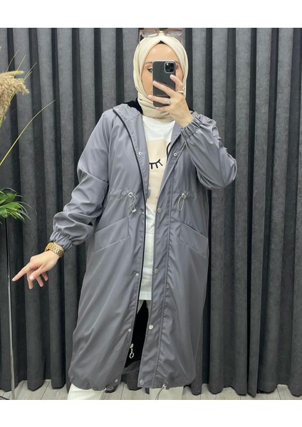 Kadın Bel Lastik Detaylı Gizli Fermuarlı Kapüşonlu Trençkot fiyatları