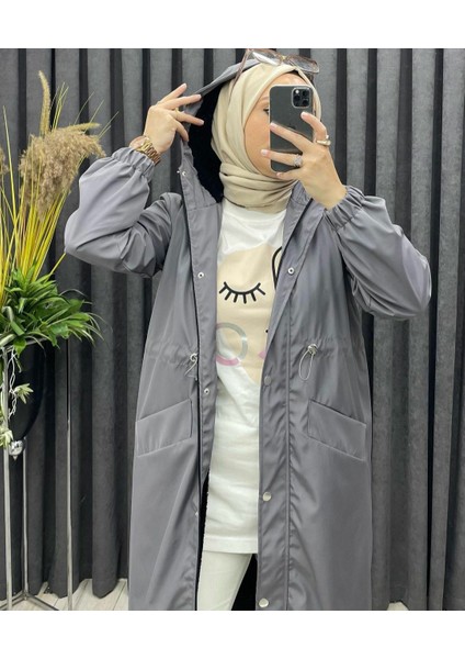 Kadın Bel Lastik Detaylı Gizli Fermuarlı Kapüşonlu Trençkot modelleri