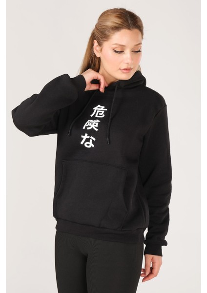 Kadın Kanguru Cep Kapüşonlu Sırt Baskılı Sweatshirt Siyah