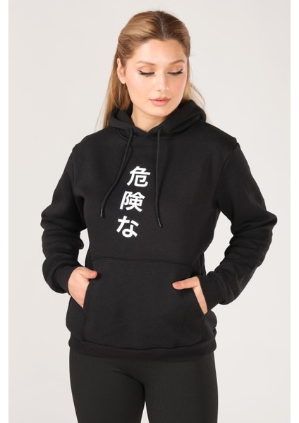 Kadın Kanguru Cep Kapüşonlu Sırt Baskılı Sweatshirt Siyah modelleri