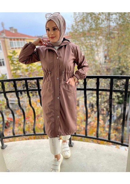 Kadın Bel Lastik Detaylı Gizli Fermuarlı Kapüşonlu Trençkot fiyatları
