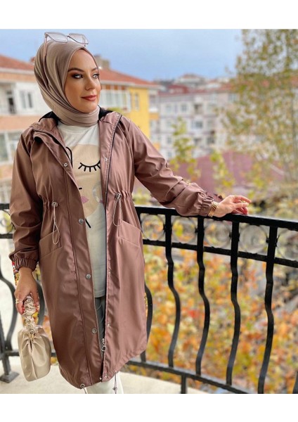 Kadın Bel Lastik Detaylı Gizli Fermuarlı Kapüşonlu Trençkot modelleri