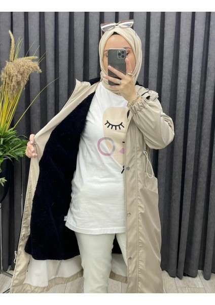 Kadın Bel Lastik Detaylı Gizli Fermuarlı Kapüşonlu Trençkot fiyatları