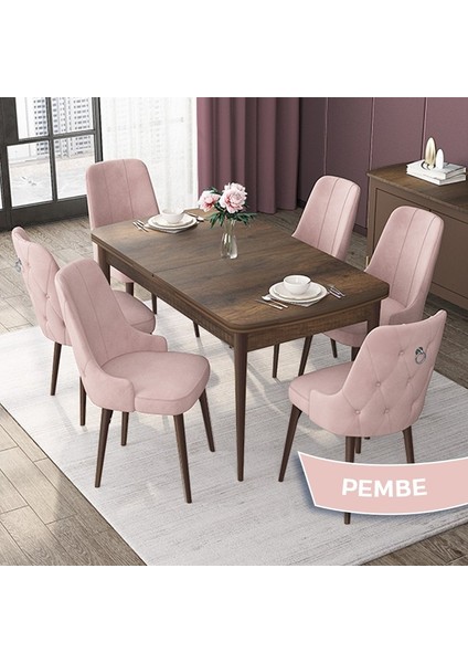 Concept Nex Serisi Barok Ahşap Desen 80 x 132 cm Mdf Mutfak Masası Takımı Metal Iskelet 6 Sandalye Gümüş Halka