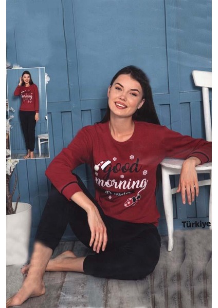 Kadın Good Morning Interlok Uzun Kol Manşetli Pijama Takımı (8020)