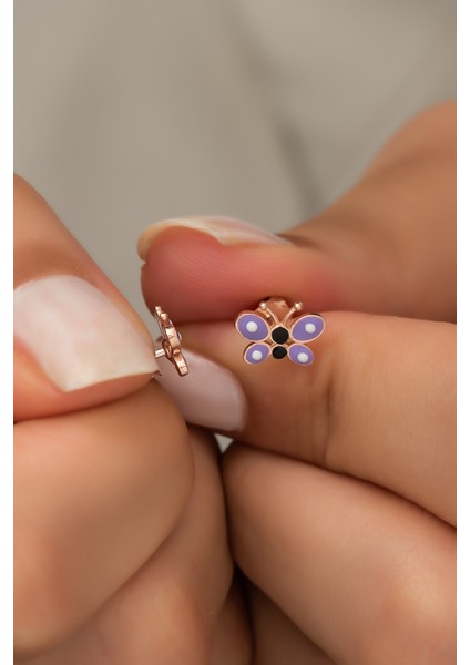 925 Ayar Gümüş Minik Mor Mineli Kelebek Küpe