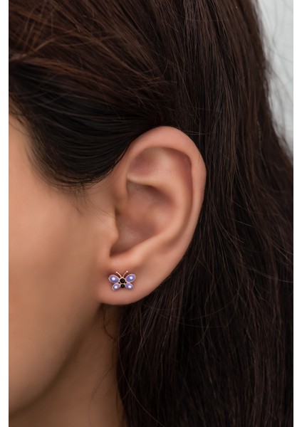 925 Ayar Gümüş Minik Mor Mineli Kelebek Küpe modelleri