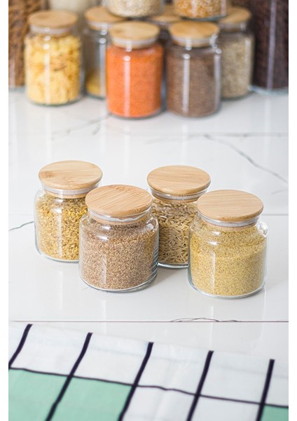4'lü Bambu Kapaklı Vakumlu Küçük Boy Cam Kavanoz Saklama Kabı 500ML