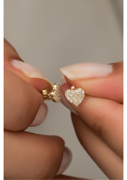 925 Ayar Gümüş Minik Gold Zirkon Taşlı Kalp Küpe