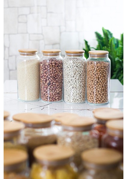 4'lü Bambu Kapaklı Vakumlu Büyük Boy Cam Kavanoz Saklama Kabı 1300ML