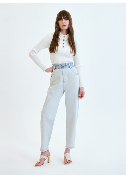 Lastikli Bel Dar Paça Bol Kesim Açık Indigo Kadın Denim Pantolon DT10026 Açık Indigo modelleri