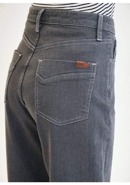 Yüksek Bel Geniş Paça Straight Gri Kadın Denim Pantolon DT10027 Gri