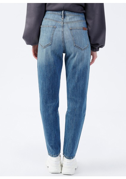 Yüksek Bel Dar Paça Mom Fit Indigo Kadın Denim Pantolon DTK363 Orta Indigo modelleri