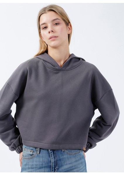 Kapüşon Yaka Düz Açik Gri Kadin Sweatshirt DT10113-3 Açik Gri