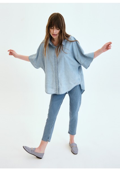 Gömlek Yaka Açık Indigo Kadın Denim Gömlek DT10014 Açık Indigo