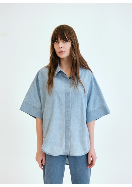 Gömlek Yaka Açık Indigo Kadın Denim Gömlek DT10014 Açık Indigo fiyatları