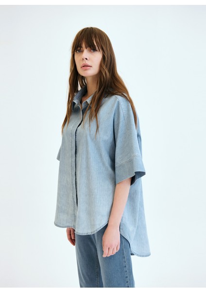 Gömlek Yaka Açık Indigo Kadın Denim Gömlek DT10014 Açık Indigo modelleri