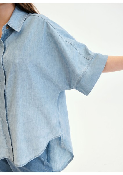 Gömlek Yaka Açık Indigo Kadın Denim Gömlek DT10014 Açık Indigo fırsatları