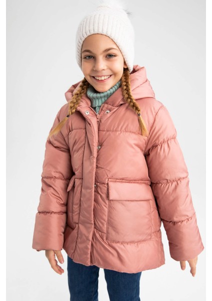 Kız Çocuk Polar Astarlı Kapüşonlu Puffer Şişme Mont X6484A622AU
