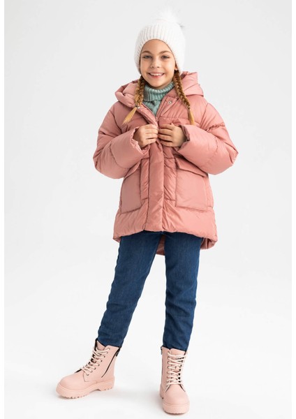 Kız Çocuk Polar Astarlı Kapüşonlu Puffer Şişme Mont X6484A622AU