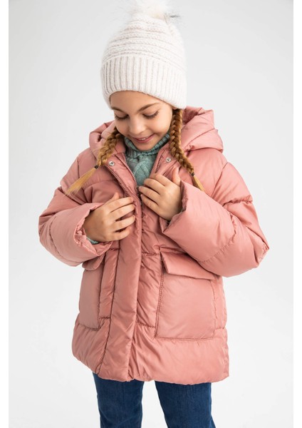 Kız Çocuk Polar Astarlı Kapüşonlu Puffer Şişme Mont X6484A622AU