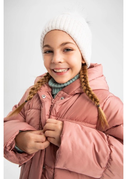 Kız Çocuk Polar Astarlı Kapüşonlu Puffer Şişme Mont X6484A622AU